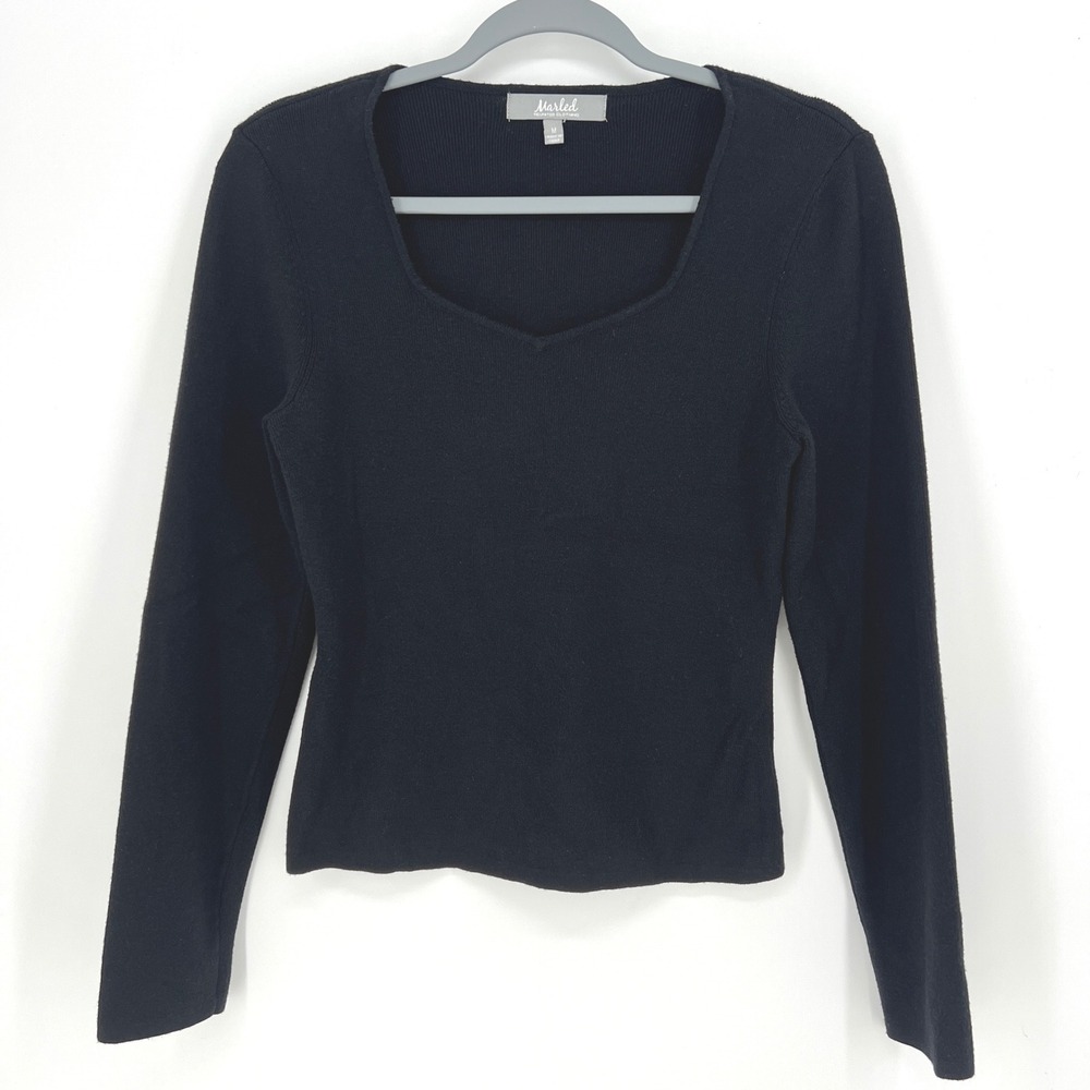 Marled Reunited Clothing Black Square Neck Long Sleeve knit Top fitted Women's M